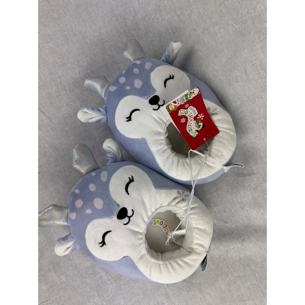Squishmallows Blue‎ Deer Plush Slippers Kids Size 11/12 Iridescent Antlers New
